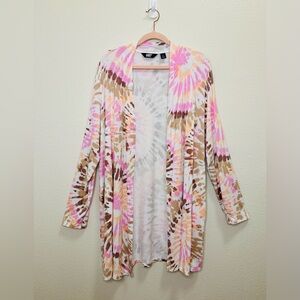 Lands' End Women's Large 14-16 Pink Tie Dye Open Cardigan Pockets Soft Stretch